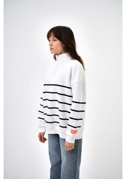 Kadın Yarım Fermuarlı Şerit Çizgi Detaylı Oversize Sweatshirt Ekru