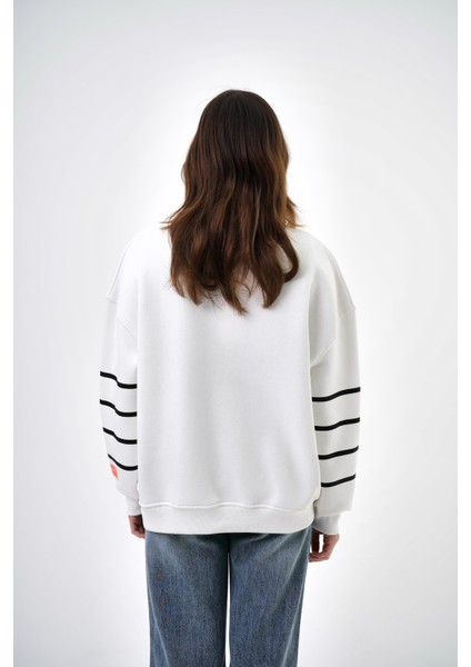 Kadın Yarım Fermuarlı Şerit Çizgi Detaylı Oversize Sweatshirt Ekru