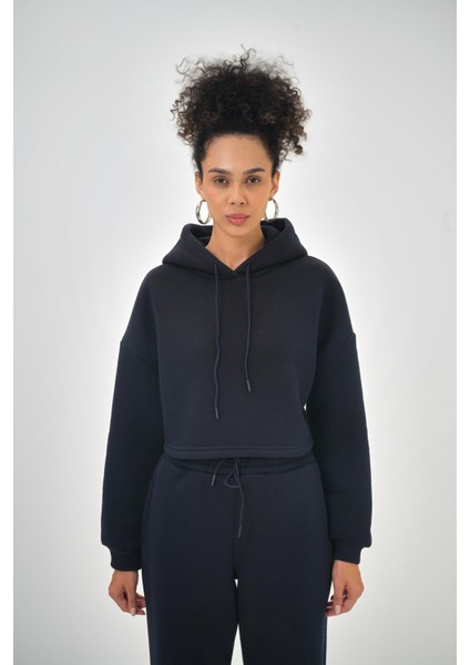 Kadın Basic Oversize Crop Hoodie Lacivert