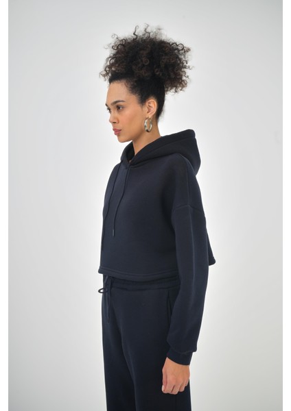 Kadın Basic Oversize Crop Hoodie Lacivert