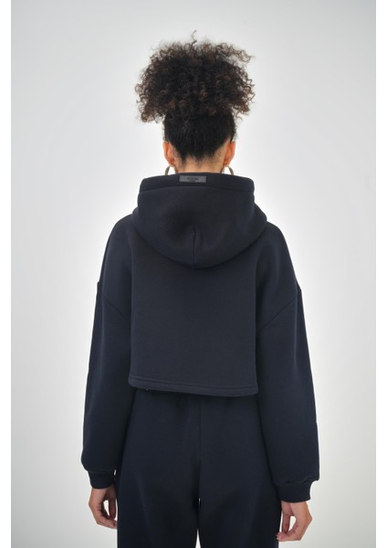 Kadın Basic Oversize Crop Hoodie Lacivert