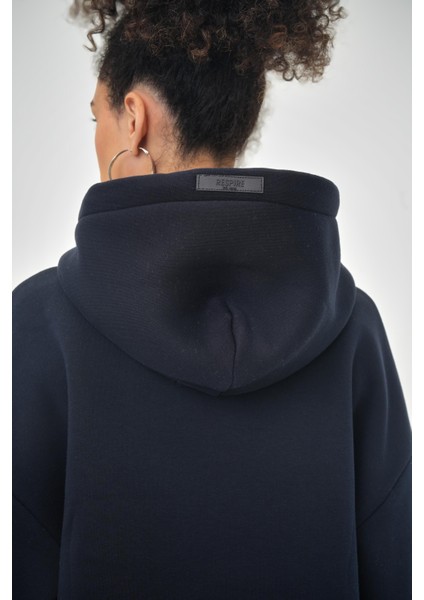 Kadın Basic Oversize Crop Hoodie Lacivert