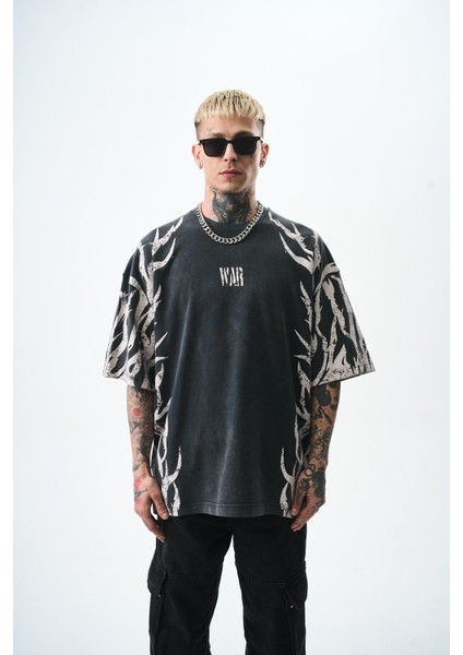 Erkek War Baskılı Yıkamalı Oversize T-Shirt Siyah