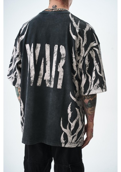 Erkek War Baskılı Yıkamalı Oversize T-Shirt Siyah indirimleri