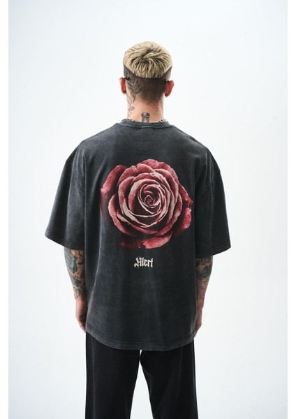 Erkek Alert Baskılı Yıkamalı Oversize T-Shirt Siyah modelleri
