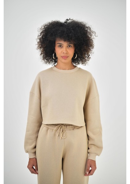 Kadın Basic Oversize Crop Sweatshirt Siyah
