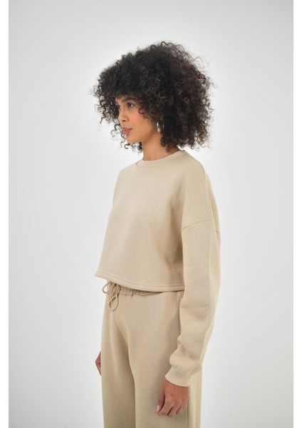 Kadın Basic Oversize Crop Sweatshirt Siyah