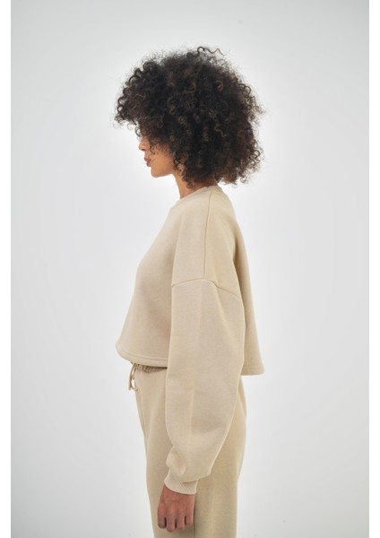 Kadın Basic Oversize Crop Sweatshirt Siyah