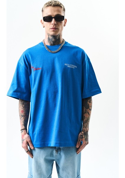 Erkek Godfather Baskılı Oversize T-Shirt Mavi