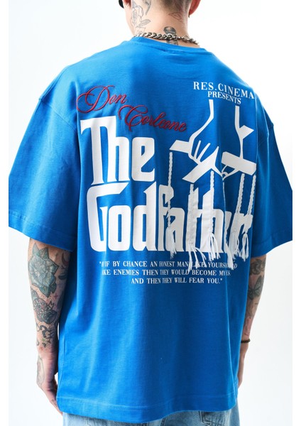 Erkek Godfather Baskılı Oversize T-Shirt Mavi indirimleri