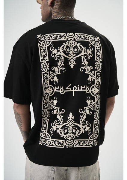 Erkek Ornaments Baskılı Oversize T-Shirt Siyah indirimleri