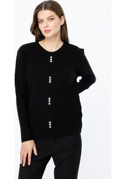 46395 Onteks Sıfır Yaka Önü Düğmeli Kazak