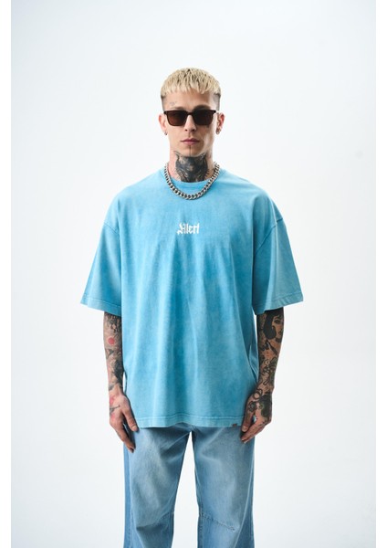 Erkek Alert Baskılı Yıkamalı Oversize T-Shirt Mavi