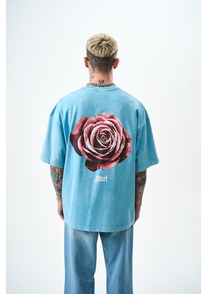 Erkek Alert Baskılı Yıkamalı Oversize T-Shirt Mavi modelleri