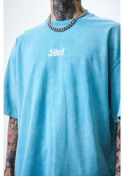 Erkek Alert Baskılı Yıkamalı Oversize T-Shirt Mavi fırsatları