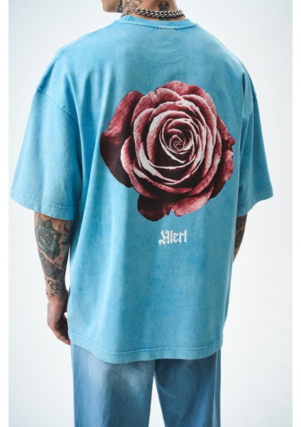 Erkek Alert Baskılı Yıkamalı Oversize T-Shirt Mavi indirimleri