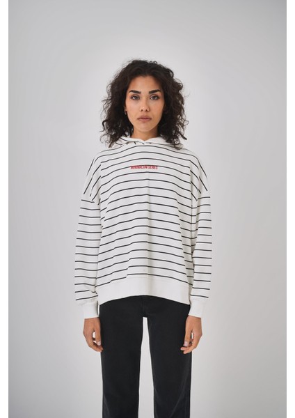 Kadın Minimalism Series Nakışlı Oversize Hoodie Ekru