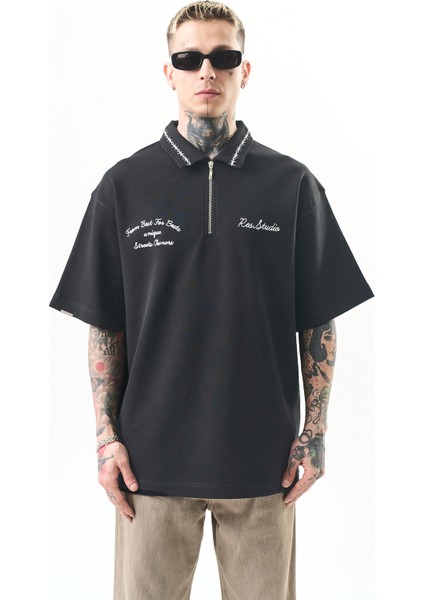 Erkek Yarım Fermuarlı Nakışlı Oversize T-Shirt Füme