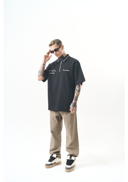 Erkek Yarım Fermuarlı Nakışlı Oversize T-Shirt Füme fiyatları