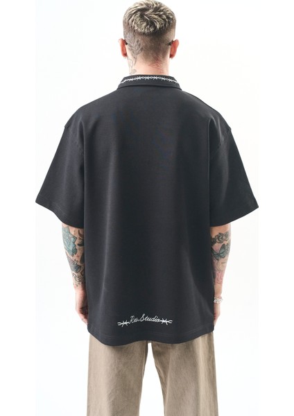 Erkek Yarım Fermuarlı Nakışlı Oversize T-Shirt Füme modelleri