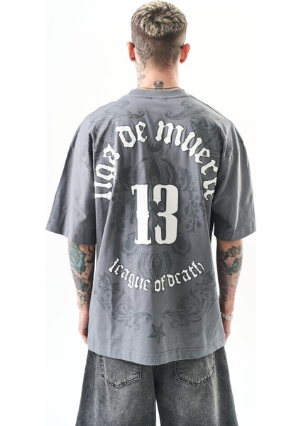 Erkek 13 Baskılı Oversize T-Shirt Füme