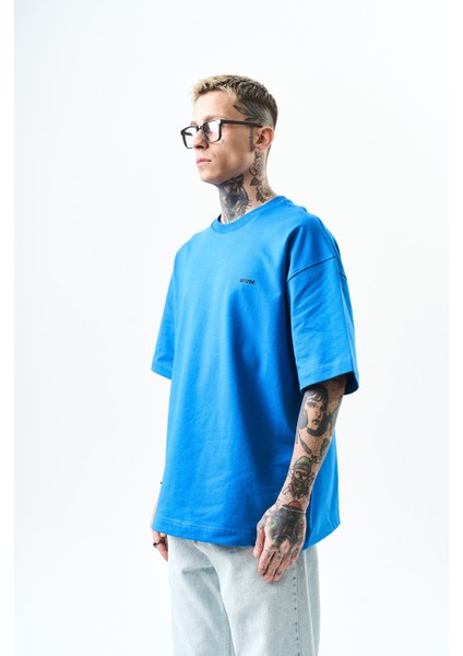 Erkek Respire Yazı Detaylı Oversize T-Shirt Mavi fiyatları