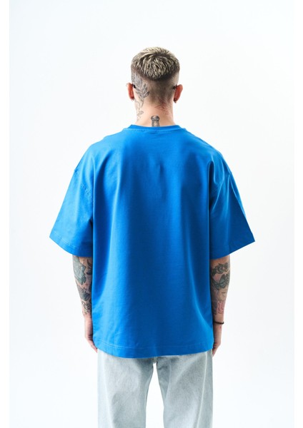 Erkek Respire Yazı Detaylı Oversize T-Shirt Mavi modelleri