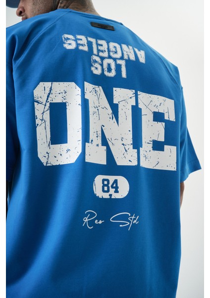 Erkek One Baskılı Oversize T-Shirt Mavi indirimleri