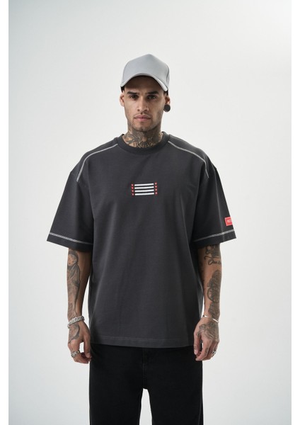 Erkek 22 Yazılı Nakışlı Oversize T-Shirt Füme