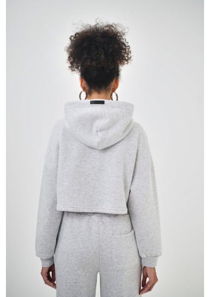 Kadın Basic Oversize Crop Hoodie Lacivert