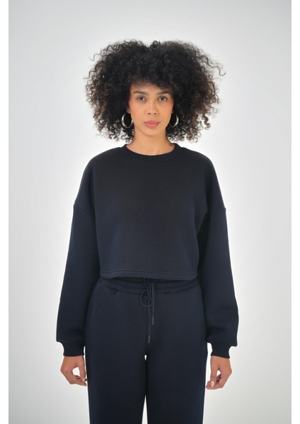 Kadın Basic Oversize Crop Sweatshirt Siyah