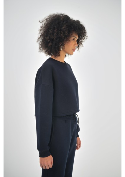 Kadın Basic Oversize Crop Sweatshirt Siyah