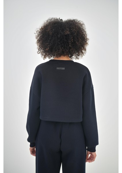 Kadın Basic Oversize Crop Sweatshirt Siyah