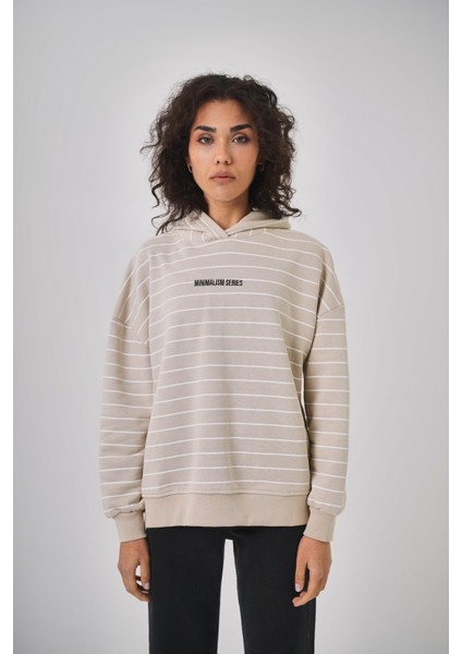 Kadın Minimalism Series Nakışlı Oversize Hoodie Ekru