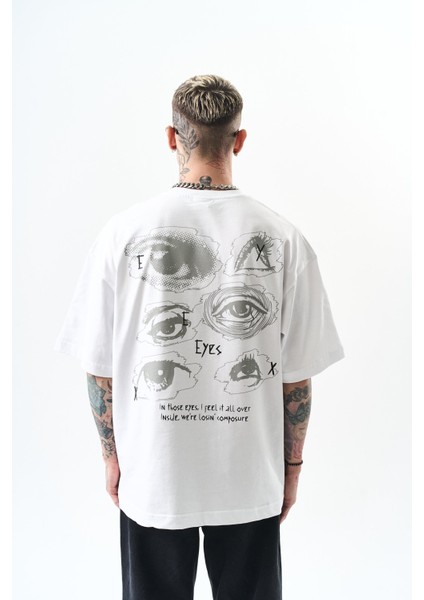 Erkek Eyes Baskılı Oversize T-Shirt Beyaz modelleri