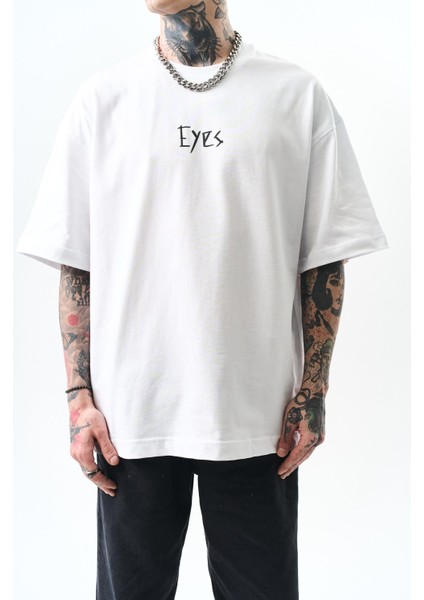 Erkek Eyes Baskılı Oversize T-Shirt Beyaz fırsatları