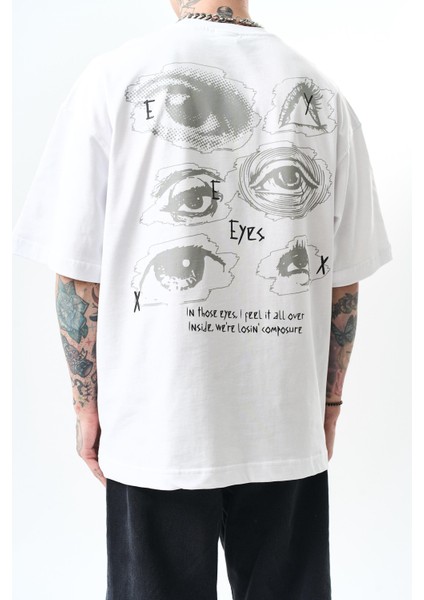 Erkek Eyes Baskılı Oversize T-Shirt Beyaz indirimleri