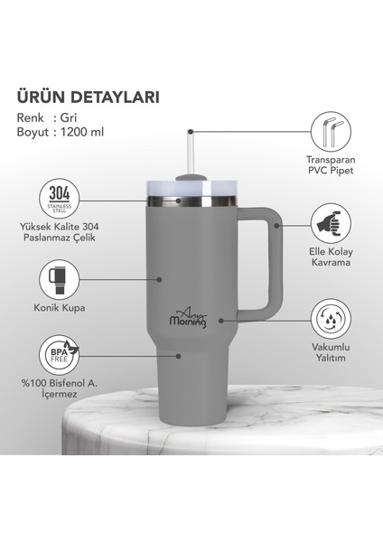 Vaha 1200 ml Termos Mug – 3 Aşamalı Çevirmeli Kapak, Gri