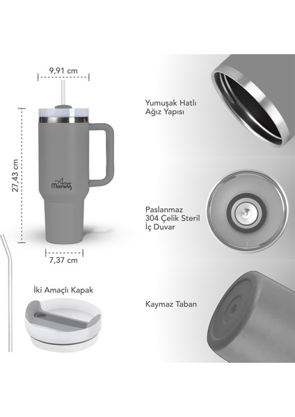 Vaha 1200 ml Termos Mug – 3 Aşamalı Çevirmeli Kapak, Gri