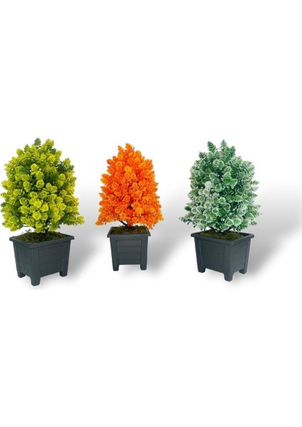 3lü Set Yapay Çiçek Bonsai Ağacı Kozalak Model Dekoratif Yapay Ağaç Bonzai 30*15 cm Siyah Kare Saksıda