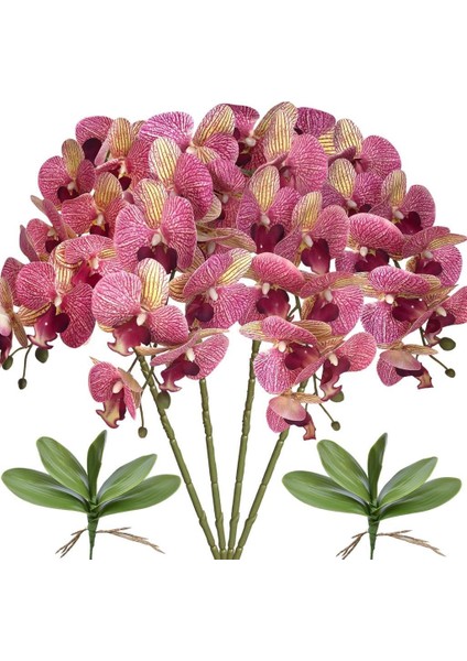 4lü Set Yapay Çiçek Fuşya Çilli Islak Orkide ve 2 Adet Orkide Yaprağı Gerçeksi Doku Uzun Dal 90 cm