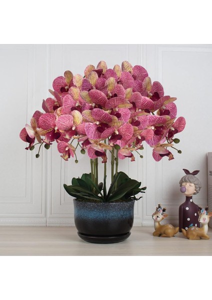 4lü Set Yapay Çiçek Fuşya Çilli Islak Orkide ve 2 Adet Orkide Yaprağı Gerçeksi Doku Uzun Dal 90 cm