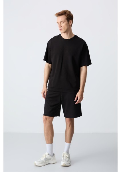 Siyah Pamuklu Kalın Yumuşak Dokulu Oversize Fit Basic Erkek Şort Takım - 85257