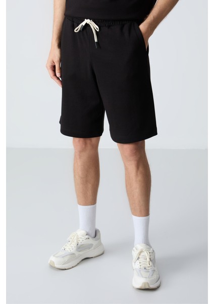Siyah Pamuklu Kalın Yumuşak Dokulu Oversize Fit Basic Erkek Şort Takım - 85257