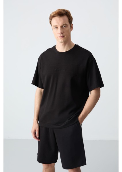 Siyah Pamuklu Kalın Yumuşak Dokulu Oversize Fit Basic Erkek Şort Takım - 85257