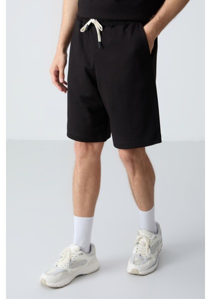 Siyah Pamuklu Kalın Yumuşak Dokulu Oversize Fit Basic Erkek Şort Takım - 85257