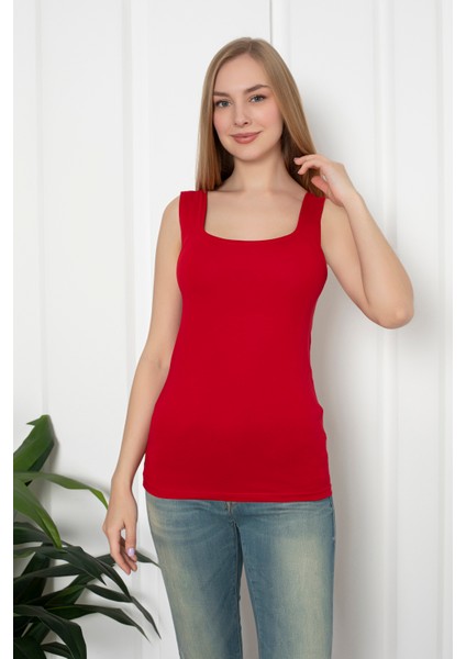 Kırmızı Renkli Penye Kumaş Geniş Askılı Basic T-Shirt / Bluz