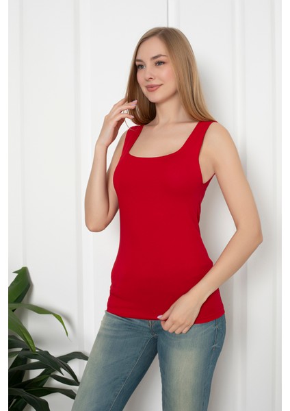 Kırmızı Renkli Penye Kumaş Geniş Askılı Basic T-Shirt / Bluz fiyatları