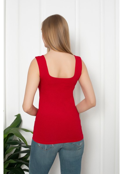Kırmızı Renkli Penye Kumaş Geniş Askılı Basic T-Shirt / Bluz modelleri
