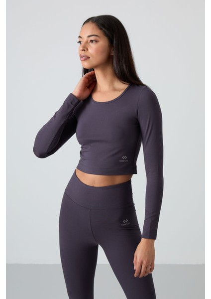 Antrasit Yüksek Bel Uzun Kollu Slim Fit Crop Top Kadın Tayt Takım - 95286 fiyatları